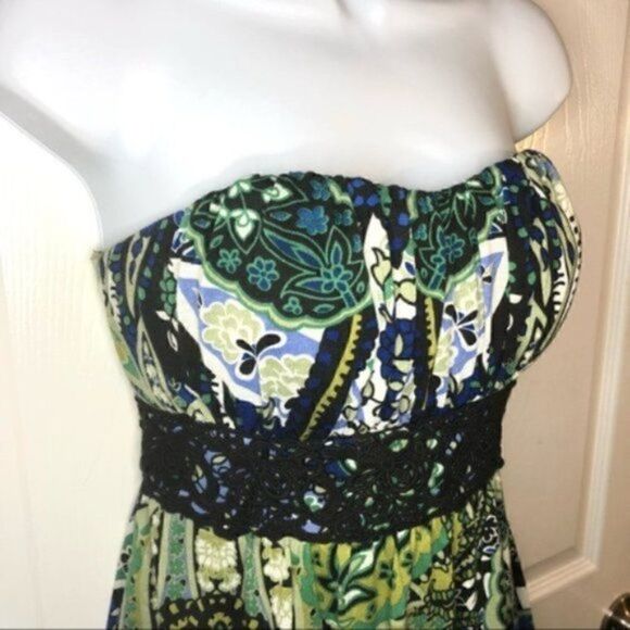 Ruby Rox Strapless Floral Balloon Paisley Mini Dress Crochet Lace Green Black M - Picture 5 of 11
